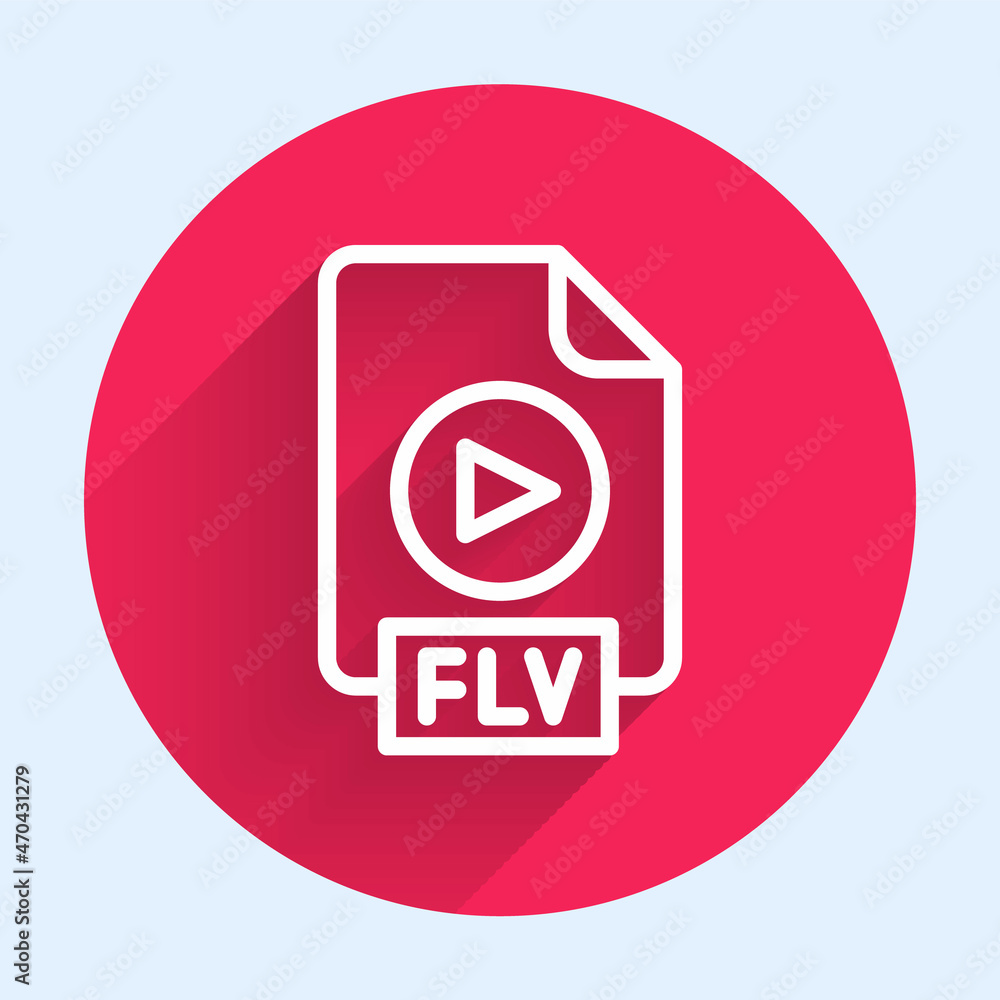 Poster White line FLV file document video file format. Download flv button icon isolated with long shadow. FLV file symbol. Red circle button. Vector