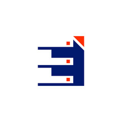 Obraz premium Abstract letter E logo design template. dark blue and orange Color pixel creative sign. Universal vector icons. Digital Data Concepts, vision, data, technology Icons. logo vector template