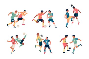 Fototapeta na wymiar Fighting soccer players. Athletes dynamic poses, active struggle for ball, attempt kicking, football game moments, sport actions, goalkeeper sports uniform vector set