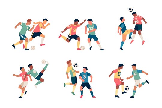 Fighting soccer players. Athletes dynamic poses, active struggle for ball, attempt kicking, football game moments, sport actions, goalkeeper sports uniform vector set