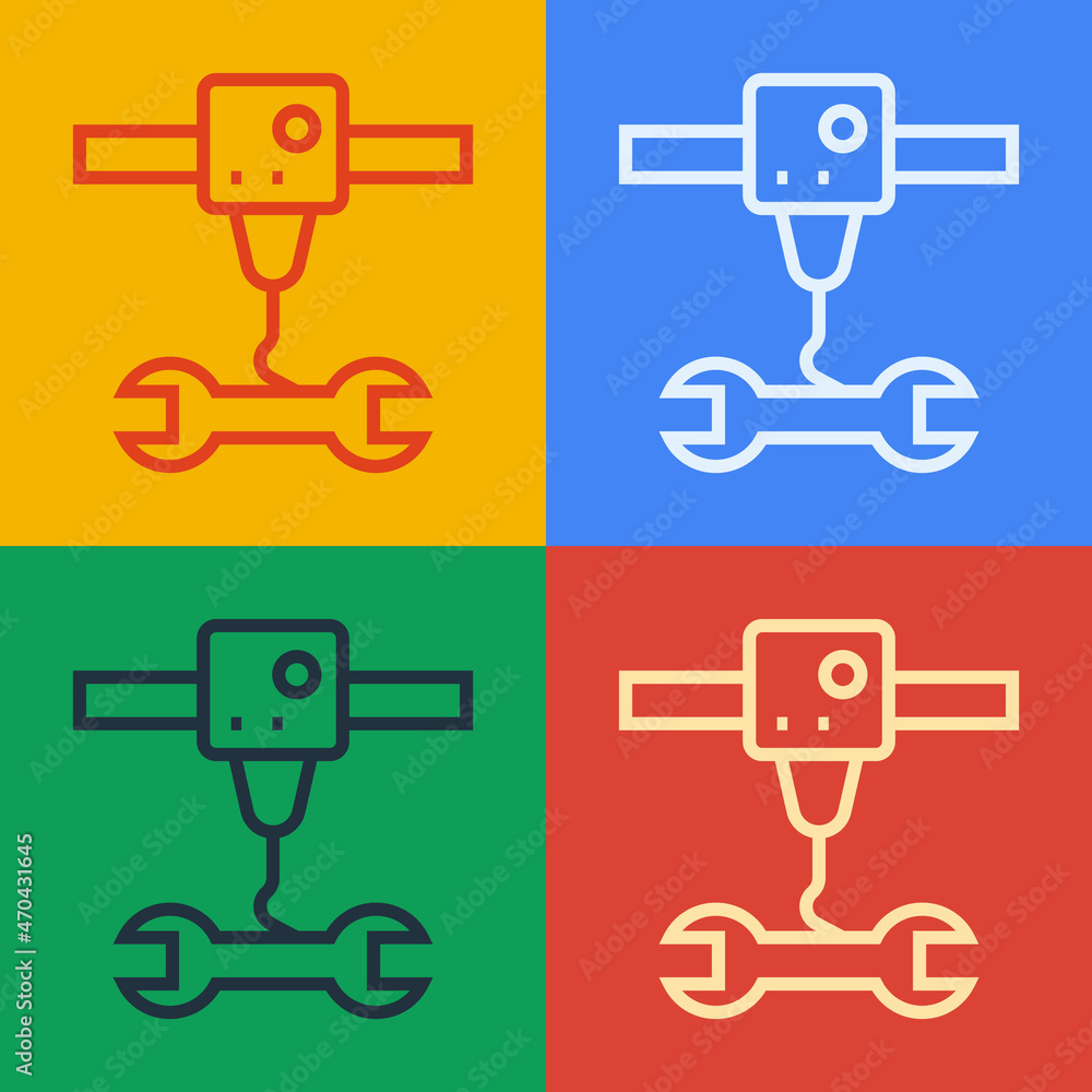 Poster pop art line 3d printer wrench spanner icon isolated on color background. 3d printing. vector