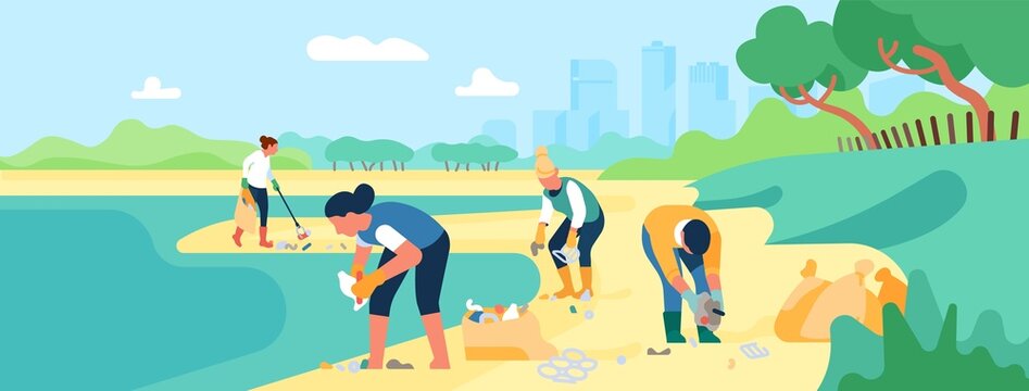 Volunteers collects sea garbage. People clean up beach. Ecology and environment care. Trash recycling. Men and women cleaning reservoir shore. Activists picking rubbish. Vector concept