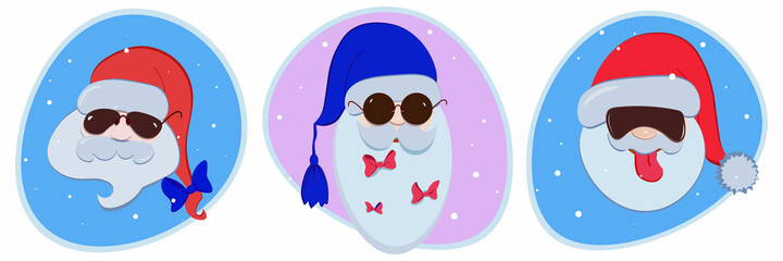 Stickers with Santa in sunglasses on a blue and purple background. Bows from ribbons in the beard