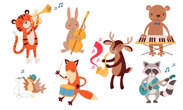 set of illustrations with cute animals playing various instruments in a jazz band. Tiger, hare, bear, fox, deer, raccoon and bird. Guitar, drums, trumpet, double bass, vocals, saxophone. Vector illust