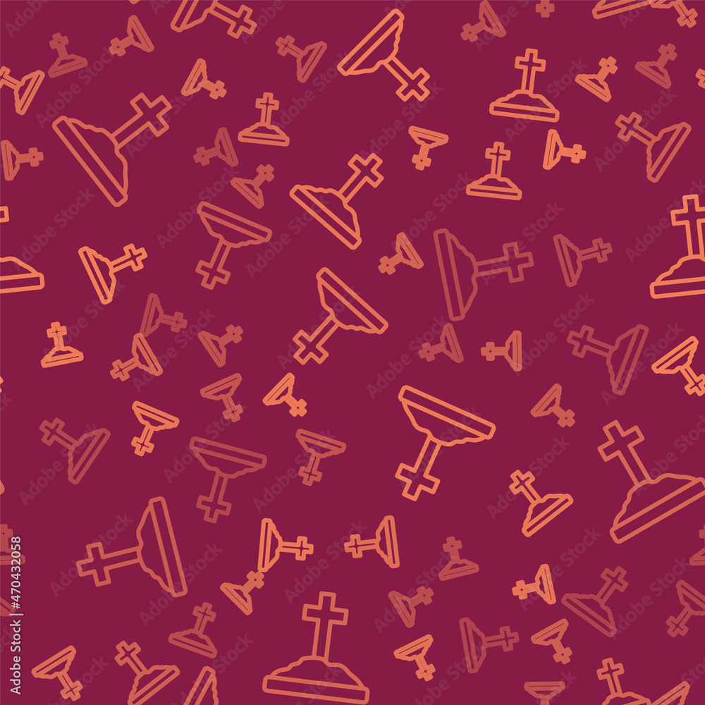 Poster brown line grave with cross icon isolated seamless pattern on red background. vector