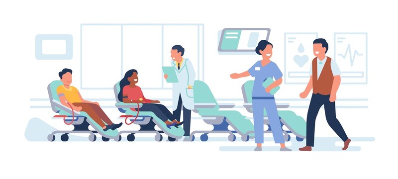 Donor room. Laboratory blood and plasma collection, medical chairs with people, doctors and nurses help volunteers, humanitarian help and charity, donation vector cartoon flat isolated set