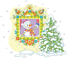 Obraz premium Funny toy snowman friendly smiling, looking out of a colorfully decorated wood window and waving its hand in greeting, vector cartoon illustration isolated on white