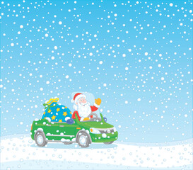 Winter background with Santa Claus friendly smiling and driving a beautiful green toy car with a big bag of Christmas gifts for children, vector cartoon illustration