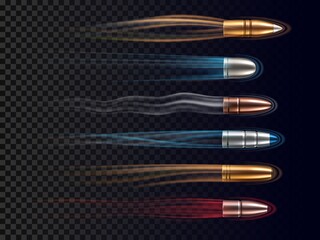 Realistic bullet traces. Military flying projectiles leaving colored trails, weapon shot high speed visible effect, different types gunshots, ammunition caliber vector isolated set - obrazy, fototapety, plakaty