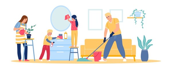 Family cleans at home. Mother, father, and kids clean up room. Couple with children do chores. People vacuuming and mopping. Persons washing or dusting furniture. Vector housekeeping