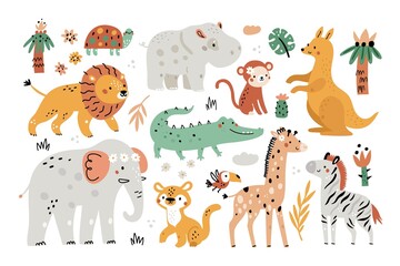 Obraz na płótnie Canvas Cute safari elements. Funny exotic animals, plants and leaves, kids jungle characters, trees and palms, childish africaine savannah fauna vector set