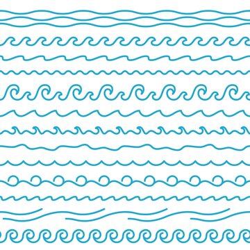 Seamless wavy lines borders. Smooth curves shapes, soft and twisted and spiral elements, water surface symbols, blue squiggles, ocean abstract symbols. Minimal aqua ornament vector set