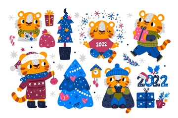 Cute 2022 New Year tigers. Animals zodiac characters. Funny little wildlife mascots activities. Baby predators with festive fir tree and presents. Vector cartoon kids holiday symbols set