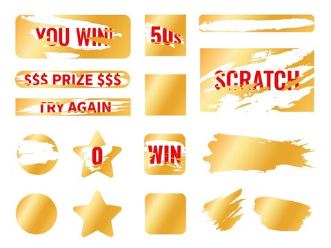 Golden scratch card. Lottery tickets protective layers, different shapes surfaces for erasing, gambling card, instant win coupon, promotional stickers, gold glossy metal, vector isolated set
