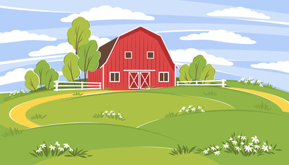 Fototapeta na wymiar Farm with landscape. Summer green meadows.Vector illustration