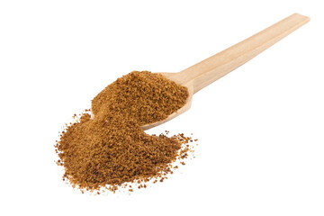 coconut sugar on wooden spoon isolated on white background. Spice and food ingredients.