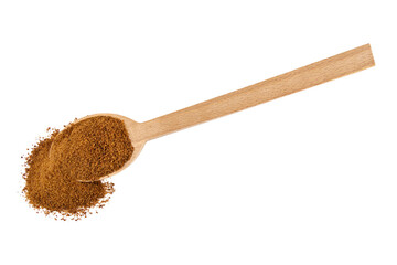 coconut sugar on wooden spoon isolated on white background. Spice and food ingredients.