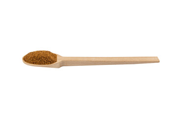 coconut sugar on wooden spoon isolated on white background. Spice and food ingredients.