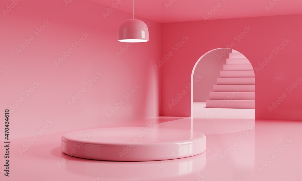 Poster pink empty room with podium for advertising in minimal background. architecture and business product