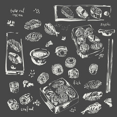 Hand drawn chalk sketch of sushi, sashimi, rolls, soy sauce, stcks set.