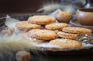 Crispy oatmeal cookies and cup of coffee for coffee break