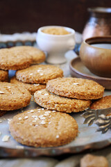 Crispy oatmeal cookies , cezve and cup of coffee for coffee break
