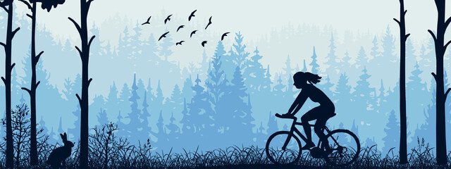 Horizontal banner. Silhouette of girl riding bike on meadow in forrest. Silhouette of biker, trees, grass. Magical misty landscape, fog. Blue illustration. Bookmark. © Anna