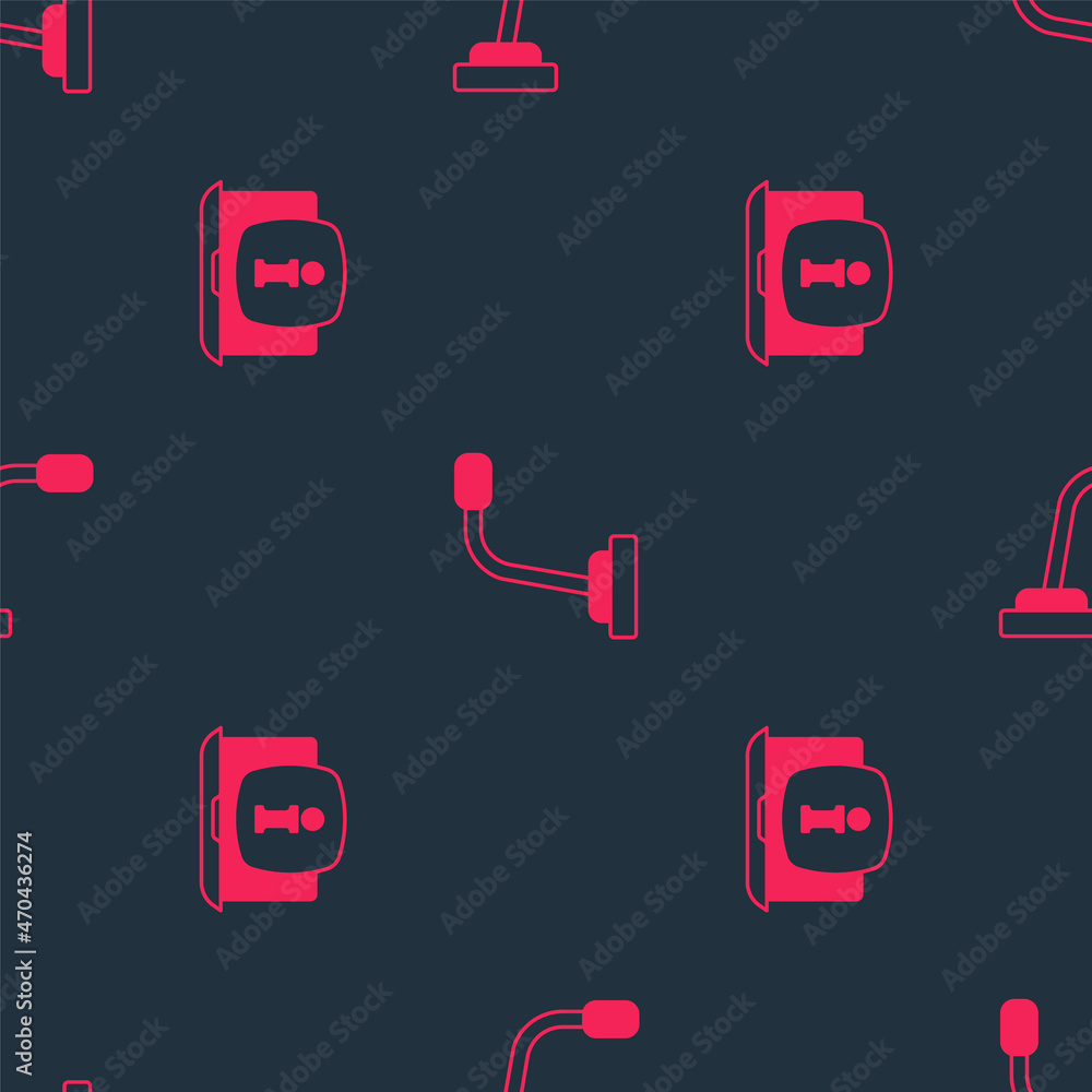 Poster set laptop with information and microphone on seamless pattern. vector