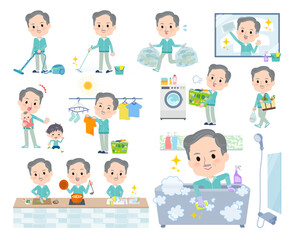 掃除や洗濯など家事に関する青緑ジャージ高齢男性のセット