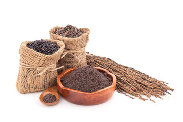 Rice bran ,seeds ,paddy and ear of rice isolated on white background.