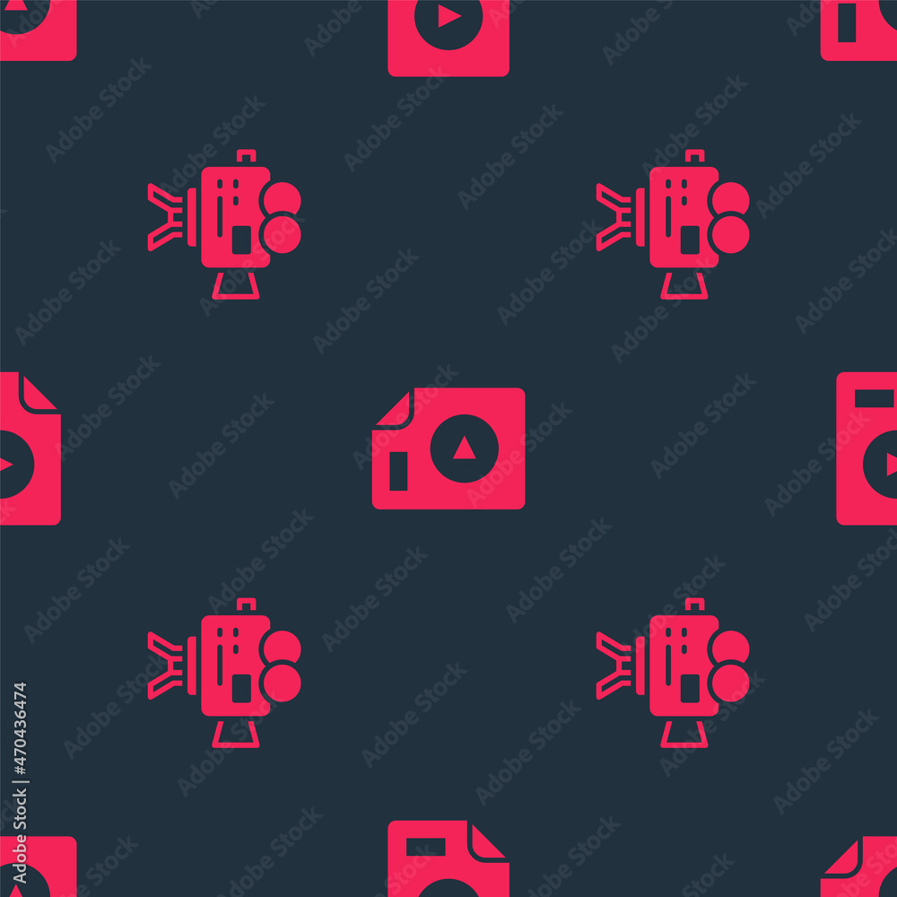 Poster set retro cinema camera and avi file document on seamless pattern. vector
