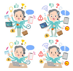 オフィスでマルチタスクをこなす青緑ジャージ高齢男性のセット