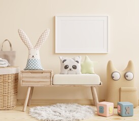 Mockup frame poster in the children's room, bedroom interior on wall white color background.