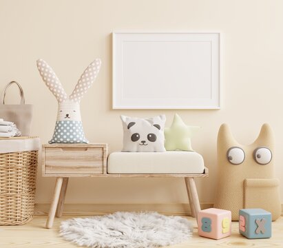 Mockup frame poster in the children's room, bedroom interior on wall white color background. © Vanit่jan