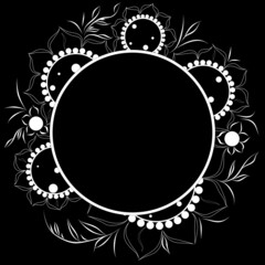 Black and white graphic frame, floral pattern, vector, postcard, wallpaper