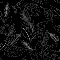 black and white vector seamless pattern of exotic leaves, repeating, wallpaper, textile
