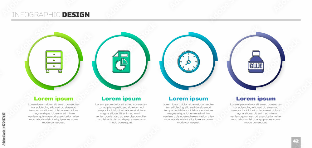 Poster set archive papers drawer, document with graph chart, clock and glue. business infographic template.