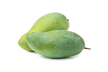 Close up two Green Mango (Khiaosawoey) isolated on white background