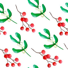 Watercolor seamless hand drawn pattern with Christmas plants holly pine spruce conifer branches holly red berries. Elegant winter candles on white background for wrapping paper textile new year