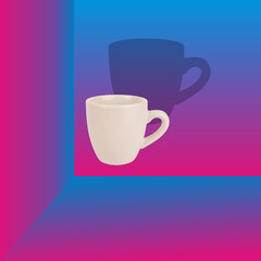 Classic white coffee mug hovering levitates in neon glow trendy background room. Urban drinking cup of coffee or tea concept. Electric pink blue light fluorescent futuristic design