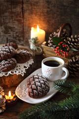 Obraz na płótnie Canvas Christmas chocolate pine cone shortbread cookie and cup of coffee, New Year's decoration