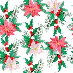 Tuinposter Watercolor seamless hand drawn pattern with pink red poinsettia flower, Christmas star plant conifer pine spruce branches, winter new year decor decoration ornament, for wrapping paper floral textile © Marina Lahereva
