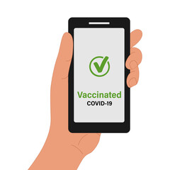 Digital green pass.  Smartphone in hand on a white background. Certificate of vaccination Immunity from Covid-19. Travel without restrictions around the world 