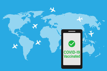 covid-19 vaccination confirmation in health passport mobile phone application, world map with planes background, journey without pandemic limitations concept, flat style vector illustration
