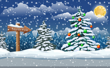 winter snowy night landscape. Christmas banner with spruce tree, wooden north pole sign in snow, snowfall and moon. cute festive illustration great for holiday design. cartoon style vector clipart.