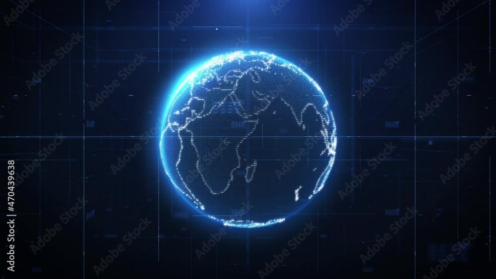 Aufkleber Global Digital Blue Spinning Earth 3D Particle Hologram Object. HUD UI Futuristic Big Data Communication 4K Animation Background.