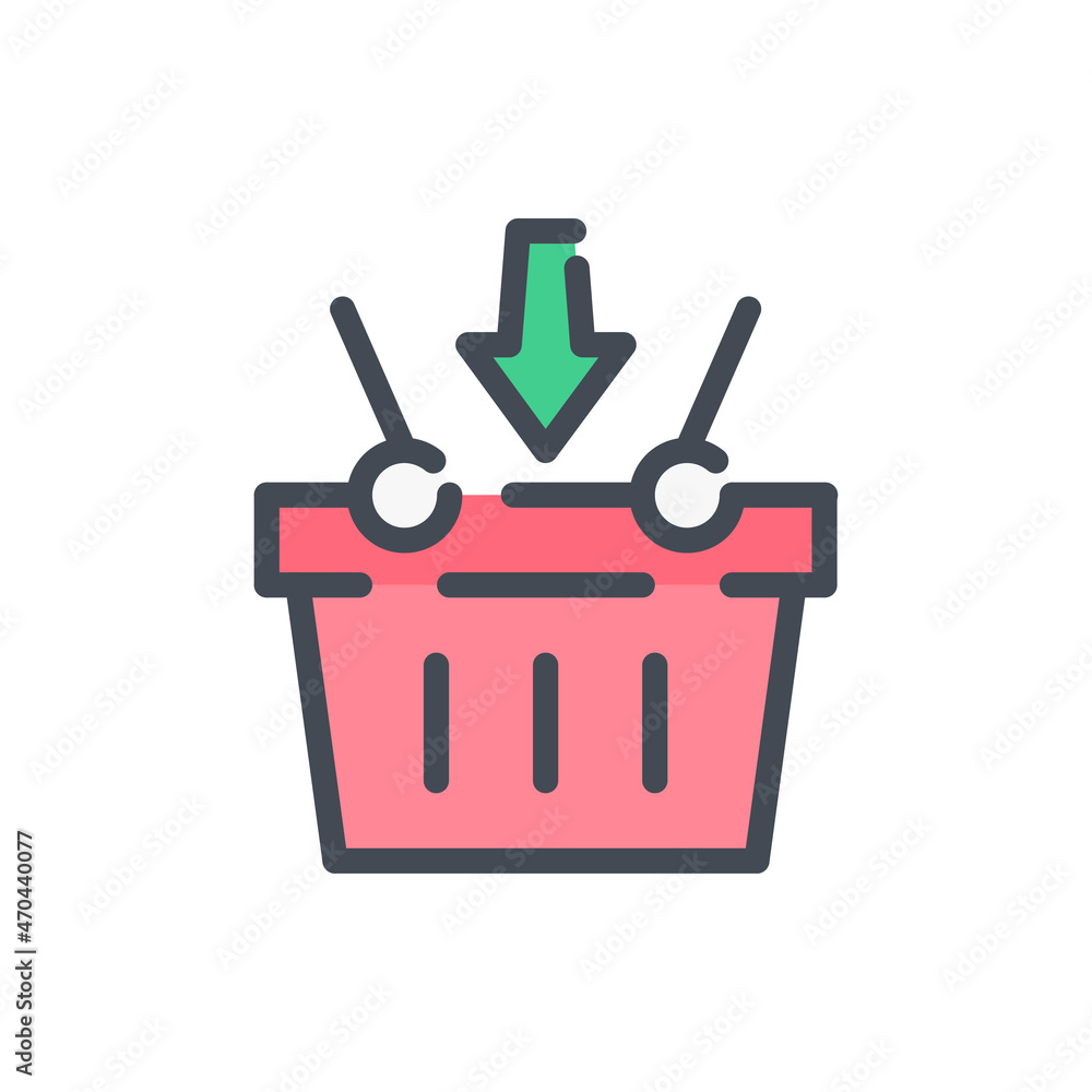 Poster add to cart color line icon. shopping basket with arrow down vector outline colorful sign.