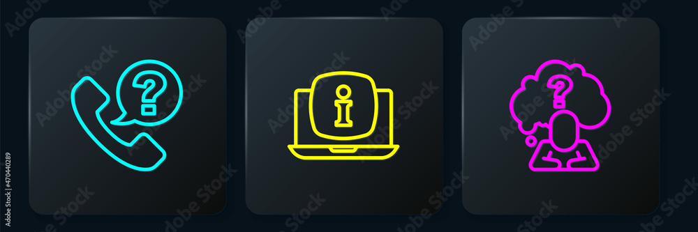 Poster set line telephone 24 hours support, head with question mark and laptop information. black square bu
