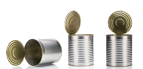 Silver metal food cans with open lids isolated on a white background