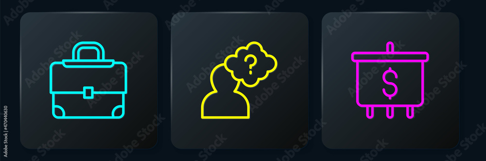 Poster set line briefcase, target with dollar and head question mark. black square button. vector